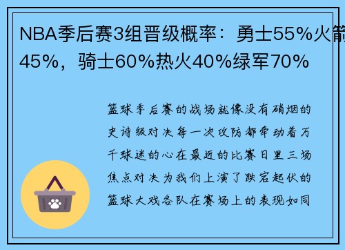 NBA季后赛3组晋级概率:勇士55%火箭45%,骑士60%热火40%绿军70%