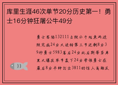 库里生涯46次单节20分历史第一!勇士16分钟狂屠公牛49分